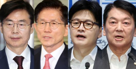 왼쪽부터 국민의힘 조경태, 김문수, 한동훈, 안철수 의원. 〈사진=연합뉴스〉