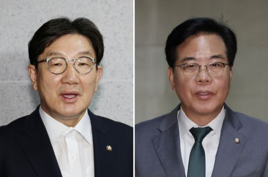 권성동 국민의힘 의원이 18일 서울 여의도 국회 의원회관 자신의 사무실 앞에서 압수수색 관련 입장을 밝히고 있다. 오른쪽은 송언석 비상대책위원장 겸 원내대표. 〈사진=연합뉴스〉