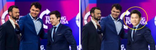 2021년 12월 미국 애리조나주에서 열린 청년 보수 단체 '터닝포인트 USA' 행사에서 촬영된 원본 사진(왼쪽)과 이 사진에 전한길 씨 얼굴을 합성한 조작 사진(오른쪽). 〈사진=AP·연합뉴스(왼쪽), 페이스북 캡처(오른쪽)〉