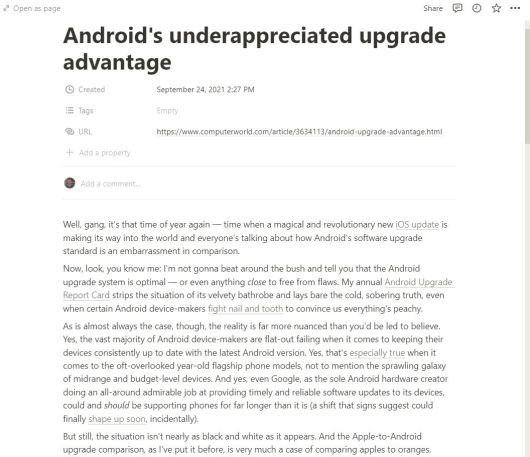 노션에 저장된 기사 페이지. 보기에도 괜찮다. ⓒ JR RAPHAEL/IDG