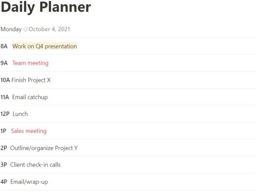 단일 컬럼 일일 플래너만큼 간단한 것도 노션 안에서 매우 쉽게 정리할 수 있다. ⓒ JR RAPHAEL/IDG