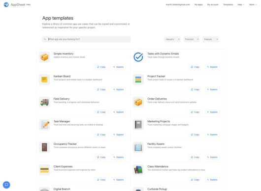데이터로 앱 구축을 시작하는 방법 외에, 템플릿을 사용하는 방법도 있다. 앱시트는 현재 50여 개의 시작 템플릿을 제공한다. ⓒ IDG