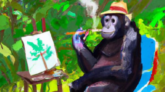 달리에게 정글에서 접이식 의자에 앉아 있는 예술가 원숭이를 그려달라고 했다. ⓒ DALL-E2