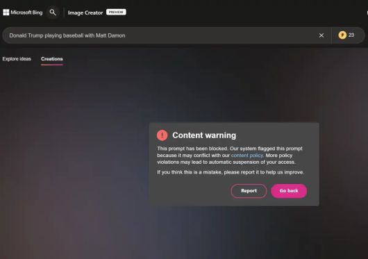 ‘맷 데이먼과 야구하는 도널드 트럼프’를 입력했더니 마이크로소프트가 안전하지 않은 프롬프트로 간주하고 차단했다. ⓒ Microsoft