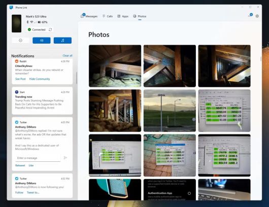 윈도우용 폰 링크를 사용하면 스마트폰에 직접 연결할 수 있으며, 삼성 갤럭시 기기를 통하면 훨씬 더 많은 혜택을 볼 수 있다. ⓒMark Hachman / IDG