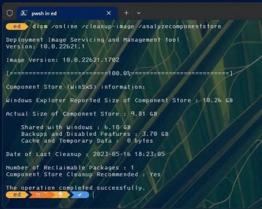 <화면 6> DISM /analyzecomponentstore 명령으로 정리할 수 있는 패키지를 하나 찾아냈다 ⓒ Ed Tittel/IDG