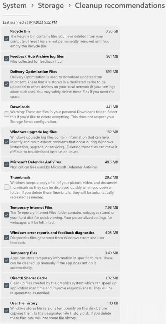<화면 3> 윈도우 11에서 '추천 정리' 기능을 실행하면 휴지통, 전송 최적화 파일, 오류 보고서, 피드백 진단, 임시 파일, 다이렉트X 셰이더 캐시 파일 등 중에서 삭제할 항목을 선택할 수 있다. ⓒ Ed Tittel/IDG