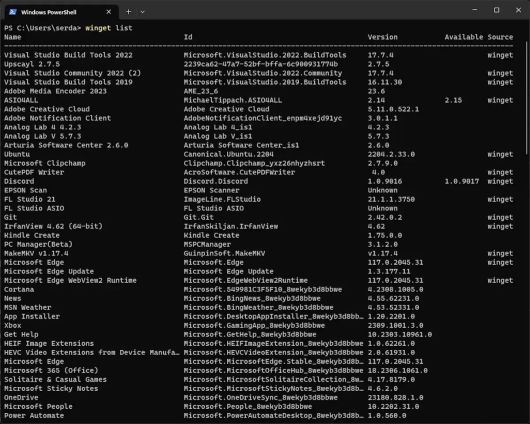 winget list의 전체 결과는 이보다 훨씬 더 방대하다. 각 항목에는 이름과 ID(설치 및 제거에 사용), 버전, 사용 가능한 업그레이드, 설치 소스가 표시된다.