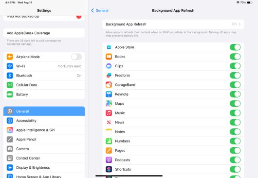 앱이 백그라운드에서 데이터를 새로 고치는 기능을 제한하면 아이패드 배터리 사용 시간을 연장할 수 있다. ⓒ Foundry