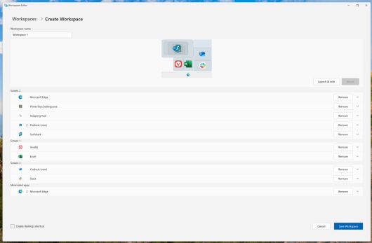 디스플레이 3개를 나란히 정렬한 모습이다. 하단의 노트북 디스플레이에는 비발디와 엑셀이 나란히 있고, 그 위에는 앱이 뒤섞여 있는 가로 디스플레이, 오른쪽에는 아웃룩과 슬랙이 배열된 세로(세로) 디스플레이가 있다. ⓒ Mark Hachman / IDG