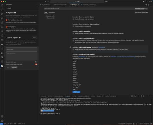 젠코더는 현재 단위 테스트 생성과 코딩을 위한 두 개의 기본 에이전트, 그리고 맞춤형 에이전트를 정의하기 위한 인터페이스를 제공한다. 맞춤형 에이전트는 본질적으로 대규모 언어 모델을 위한 저장된 명령어 프롬프트로, 특정 작업을 해결하는 것을 목표로 한다.IDG