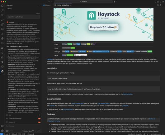 왼쪽 상단에서 스캔 이후 전체 헤이스택(Haystack) 리포지토리에 대한 젠코더의 설명을 볼 수 있다. 왼쪽 하단에서는 이 쿼리를 위해 제공된 컨텍스트에 전체 코드베이스가 포함되었음을 볼 수 있다. 오른쪽에서는 헤이스택 프로젝트의 README를 볼 수 있다. 젠코더 설명에는 README 파일에서 제공하지 않는 세부 정보가 포함된다.IDG