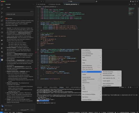 젠코더는 리포지토리 스캔 없이 오른쪽 코드에 대한 설명을 왼쪽에 표시한다. 오른쪽에서는 코드 외에 젠코더의 컨텍스트 메뉴도 볼 수 있다.IDG