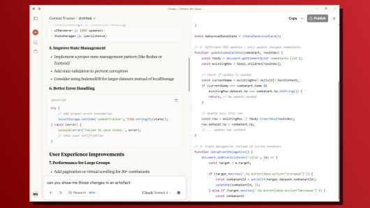 클로드에게 탁상 게임용 웹앱 개선 방향을 질문한 장면. 이 프로젝트는 상대적으로 단순하고 규모가 작다.Matt Smith