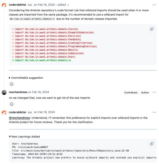 코드래빗은 채팅 대화를 기반으로 맞춤형 리뷰 지침을 생성한다.CodeRabbit