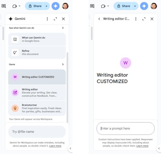 맞춤 설정한 젬은 제미나이 사이드바에 표시되며, 바로 상호작용할 수 있다.Howard Wen / Foundry