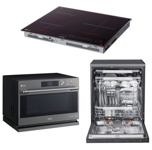 LG 디오스 주방가전 3총사인 디오스 인덕션 전기레인지, 디오스 식기세척기 스팀, 디오스 광파오븐(위쪽부터 시계방향으로)(사진제공=LG전자)