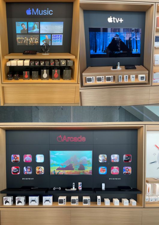 1층과 2층에 마련된 애플 뮤직, 애플 티비+, 애플 아케이드 체험 공간