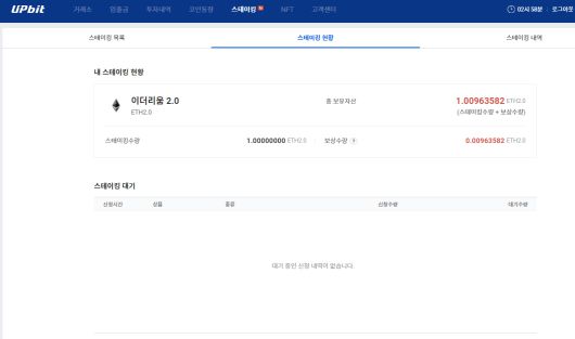 3월 3일 이더리움 1개(ETH)를 넣고 시작한 업비트 이더리움 스테이킹이 한달 보름만에 0.00963582개(ETH)가 쌓였다.