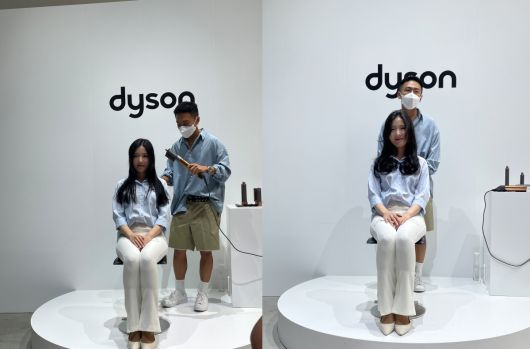 선우 원장이 모델에게 새로운 다이슨 에어랩으로 스타일링을 하고 있다. 스타일링 전(왼쪽), 후(오른쪽) 모습.