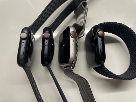 순서대로 애플 워치SE 1세대, 2세대, 애플 워치4, 애플 워치8.