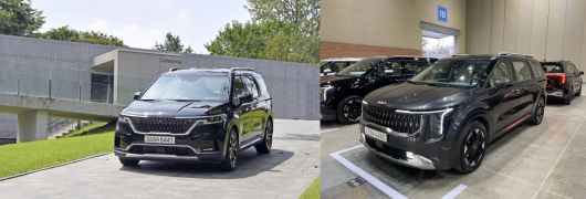 4세대 카니발(왼쪽)과 부분변경 모델 '더 뉴 카니발'. 헤드램프와 그릴의 변화가 눈에 띈다.