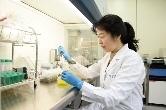 경과원 연구팀이 ‘금 나노입자로 처리한 아프젤린의 알츠하이머병 인지능 개선효과’를 입증하기 위해 농축기를 활용하여 실험을 진행하고 있다.