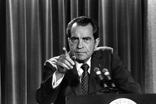 FILE - In this March 15, 1973 file photo, President Nixon tells a White House news conference that he will not allow his legal counsel, John Dean to testify on Capitol Hill in the Watergate investigation and challenged the Senate to test him in the Supreme Court. (AP Photo/Charles Tasnadi, File)