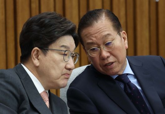 권영세(오른쪽) 국민의힘 비상대책위원장과 권성동 원내대표가 1일 서울 여의도 국회에서 열린 SK텔레콤 소비자 권익 및 개인정보보호를 위한 긴급 간담회에서 대화하고 있다. 신태현 기자 holjjak@