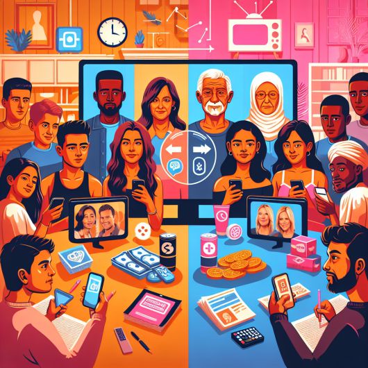 디지털 장치를 사용하는 다양한 연령대와 인종의 사람들이 묘사된 이 이미지는 광고 신뢰도가 세대별로 어떻게 다른지 보여주는 자료로, 10~30대는 인플루언서 기반의 콘텐츠를 신뢰하고 40~50대는 포털 키워드 광고와 PPL을 선호하는 모습을 반영하고 있다.