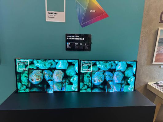 삼성디스플레이의 유기발광다이오드(OLED) 패널은 액정표시장치(LCD) 패널보다 정확한 색상을 표현했다. 왼쪽 가운데에 있는 패널이 LCD.