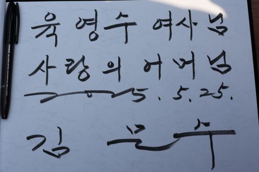 김문수 국민의힘 대선 후보가 25일 오전 충북 옥천군 고(故) 육영수 여사 생가를 방문해 작성한 방명록.