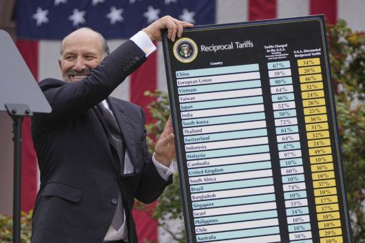 하워드 러트닉 미국 상무장관이 4월 2일(현지시간) 상호관세 패널을 들고 있다. 워싱턴D.C./AP연합뉴스