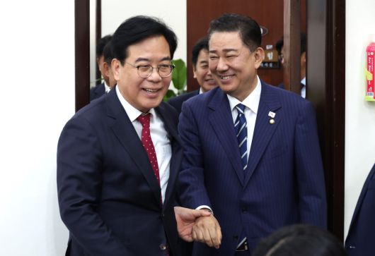 더불어민주당 김병기 당 대표 직무대행 겸 원내대표(왼쪽)가 17일 서울 여의도 국회에서 국민의힘 송언석 원내대표를 예방하고 있다. 2025.6.17