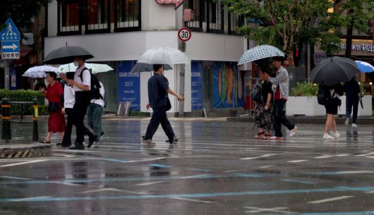 본격적인 장마가 시작, 서울에 호우주의보가 경기·인천에 호우경보가 발령된 20일 서울 세종대로사거리에서 우산을 쓴 시민들이 발걸음을 옮기고 있다. 신태현 기자 holjjak@