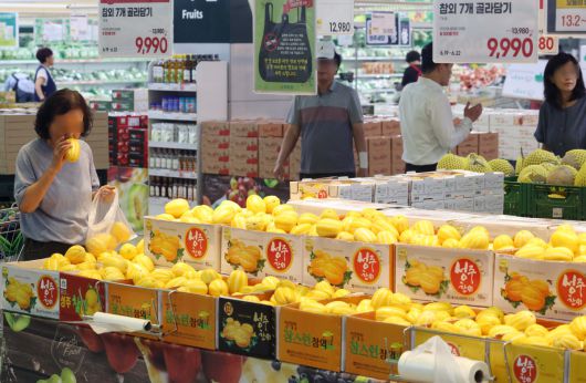 지난달 농산물과 석탄 등 에너지 가격이 하락하면서, 생산자물가가 1년 6개월 만에 가장 큰 폭으로 내렸다. 20일 한국은행에 따르면 5월 생산자물가지수는 2020년을 100으로 봤을 때, 직전 달보다 0.4% 낮은 119.66으로 집계됐다. 4월에 이어 두 달 연속 하락했으며 지난 2023년 11월 이후 가장 큰 내림폭이다. 직전 달과 비교해보면, 참외가 53%, 양파가 42% 가격이 떨어져 농림수산품이 4.4% 낮아졌고, 공산품 가운데서는 석탄·석유제품이 4.2% 하락해 생산자물가를 끌어내렸다. 이날 서울의 한 대형마트에서 시민들이 장을 보고 있다. 신태현 기자 holjjak@