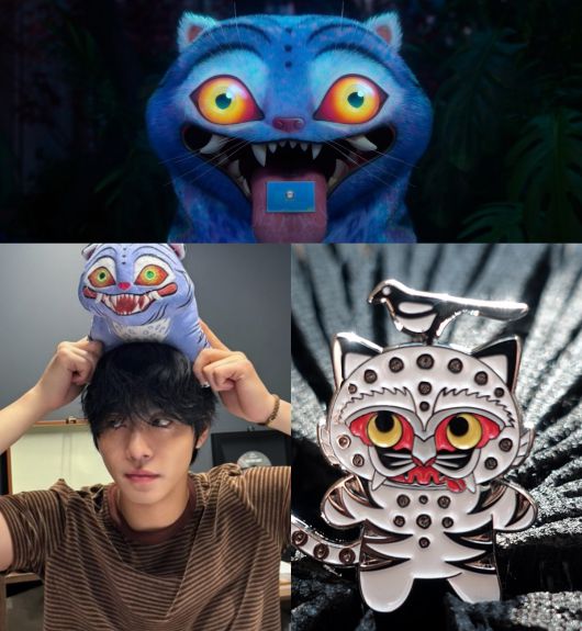 넷플릭스 오리지널 '케이팝 데몬 헌터스'의 더피(위부터 시계 방향으로), 국립중앙박물관의 '까치 호랑이 배지', 배우 안효섭과 더피 인형. (출처=넷플릭스, 국립중앙박물관 뮷즈 제공, 안효섭 인스타그램 캡처)