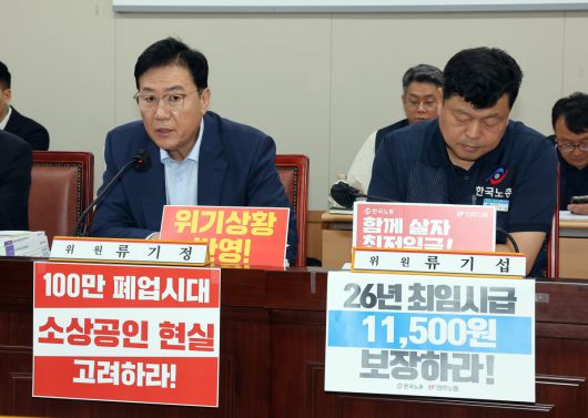 최저임금위원회 사용자위원인 류기정 한국경영자총협회 전무가 8일 정부세종청사에서 열린 최저임금위원회 제10차 전원회의에서 발언하고 있다. 오른쪽은 근로자위원인 류기섭 한국노총 사무총장.