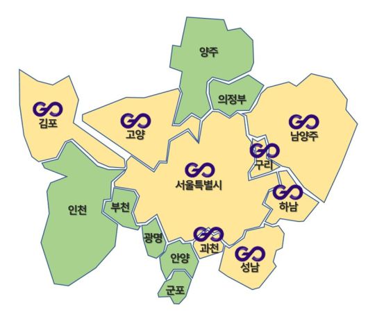 기후동행카드 이용 가능 지역(노란색).