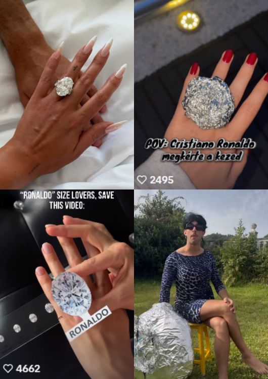 조지나의 반지(왼쪽 위)와 이를 패러디한 틱톡 밈들. (출처=조지나 로드리게스 인스타그램, 틱톡 캡처)