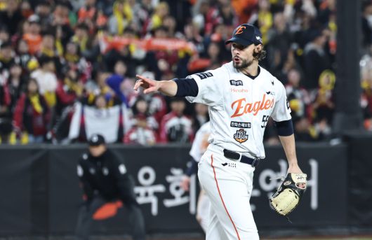 30일 대전한화생명볼파크에서 열린 2025 프로야구 KBO리그 포스트시즌 한국시리즈 4차전 LG 트윈스와 한화 이글스의 경기. 한화 와이스가 8회초 1사 LG 홍창기를 삼진아웃으로 처리한 뒤 환호하고 있다.