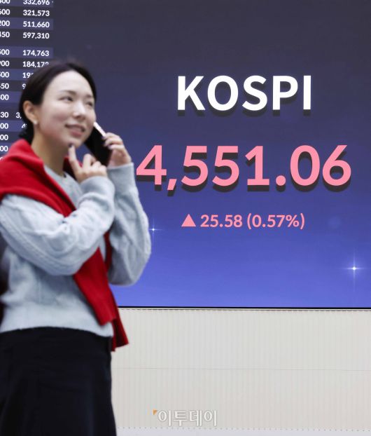 반도체 투톱인 삼성전자와 SK하이닉스 주가가 동반 사상 최고가 랠리를 지속하며 코스피가 4600선을 돌파한 뒤 장중 등락을 거듭하다 4550선에서 상승 마감했다. 7일 서울 영등포구 KRX 한국거래소 서울사무소 전광판에 코스피가 표시돼 있다. 이날 코스피 지수는 전 거래일보다 25.58(0.57%) 포인트 상승한 4551.06을 나타내며 종가 기준 4거래일 연속 최고가를 행진을 이어갔다. 조현호 기자 hyunho@