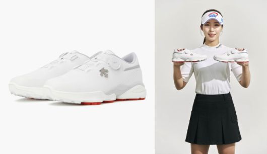 데상트골프 2026 신제품 '컴포트(COMFORT) 골프화'와  신제품을 들고있는 KLPGA 이동은.