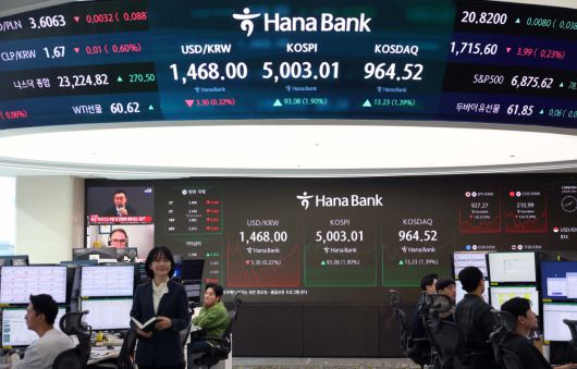 코스피가 사상 처음으로 장중 5000선을 돌파한 22일 오전 서울 중구 하나은행 본점 딜링룸 전광판에 코스피 등 시황이 표시되고 있다. 신태현 기자 holjjak@