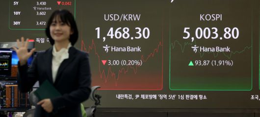 코스피가 사상 처음으로 장중 5000선을 돌파한 22일 오전 서울 중구 하나은행 본점 딜링룸 전광판에 코스피 등 시황이 표시되고 있다. 신태현 기자 holjjak@