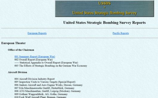 ▲ 독일과 일본을 겨냥한 공습 효과를 검증한 미 전략폭격조사단(USSBS) 보고서 웹사이트. 보고서는 '공습으로 결정적인 전쟁 승리를 가져오지 못했고 오히려 적국의 저항의지 높였다'고 지적했다.