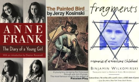 ▲ 홀로코스트를 주제로 한 책들. 왼쪽부터 <안네의 일기>, <색칠 당한 새>, <파편>. 오른쪽 두 권의 책은 거짓투성이로 드러났다.