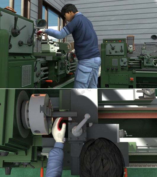 ▲안전보건공단 유튜브 채널 영상 중 '범용선반 작업안전' 내용 갈무리. 작업자가 쓰고 있는 설비가 선반 기계다. 회전체는 아래 사진의 좌측 회색 원통형 부분이다. ⓒ안전보건공단유튜브