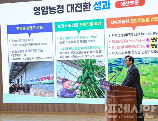 ▲지난달 우승희 군수가 혁신 거버넌스 대회서 농정 대전환 프로젝트 성과 발표를 하고 있다. ⓒ영암군
