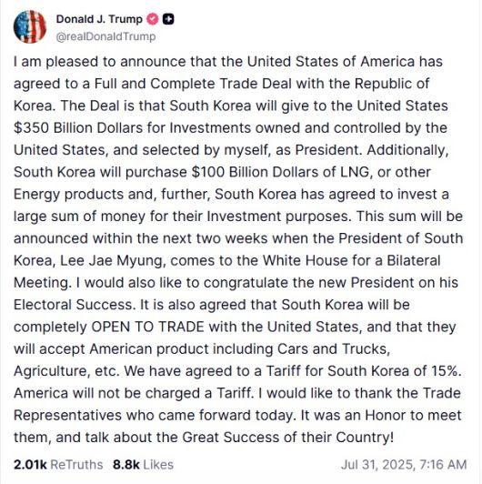 ▲도널드 트럼프 미국 대통령이 트루스소셜에 한미 관세협정 내용을 30일(현지시간) 공개했다. 트루스소셜 갈무리.